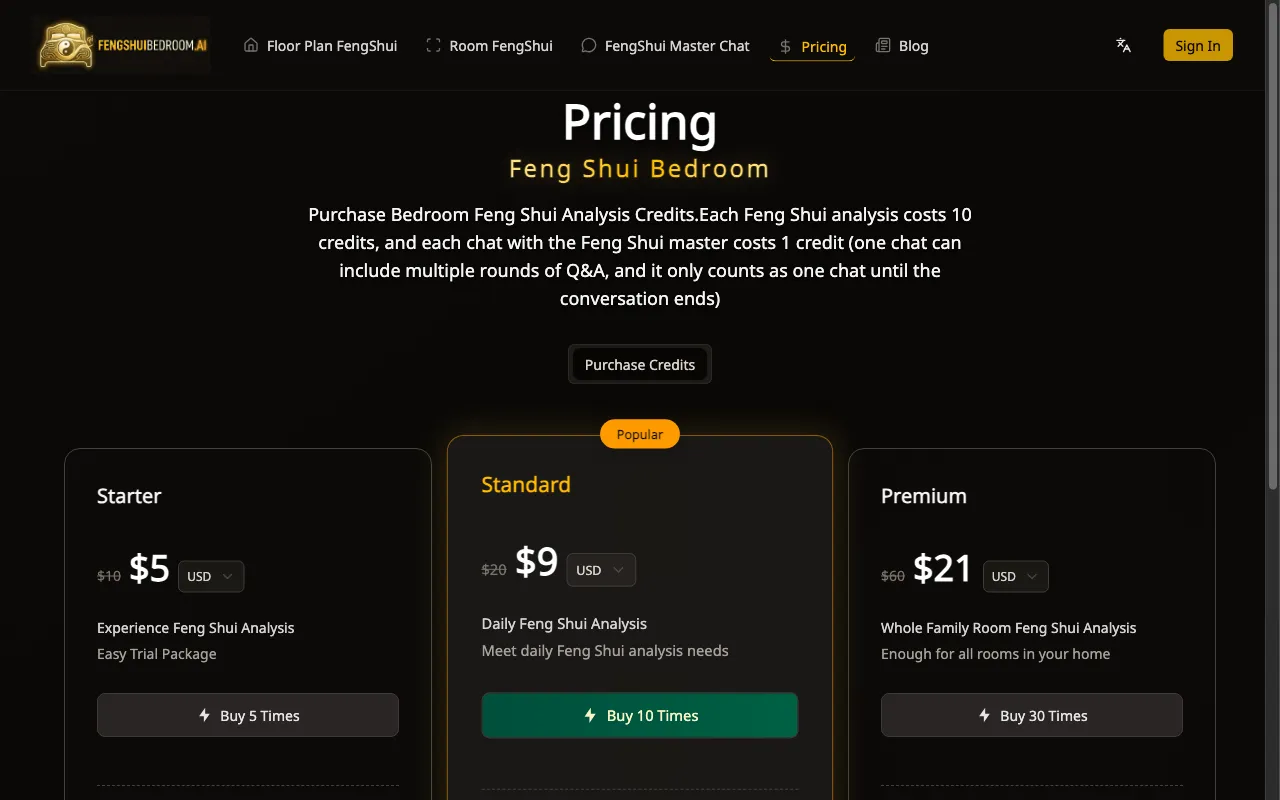 Feng Shui Bedroom — pricing page
