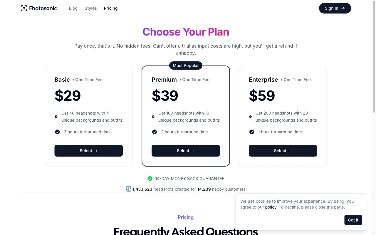 Fhotosonic — pricing page