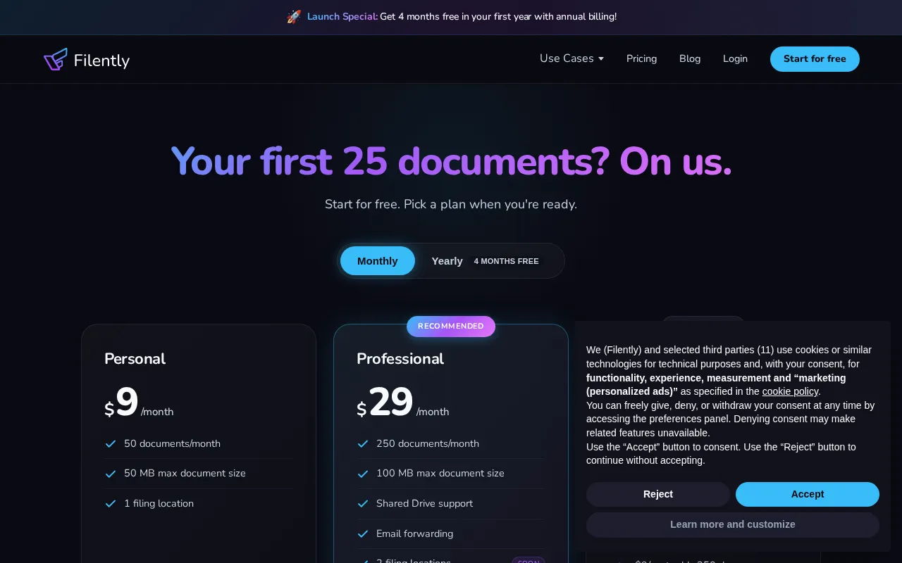 Filently — pricing page