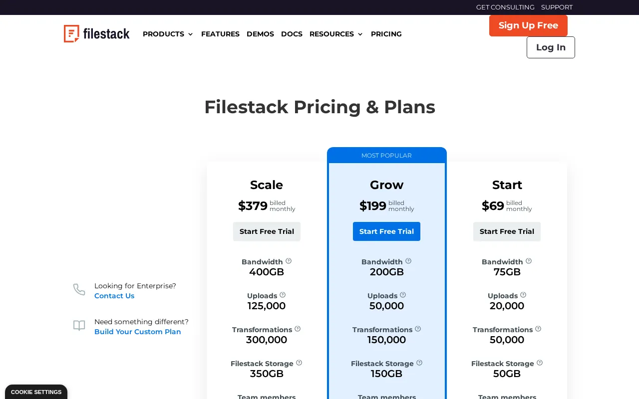 Filestack — pricing page