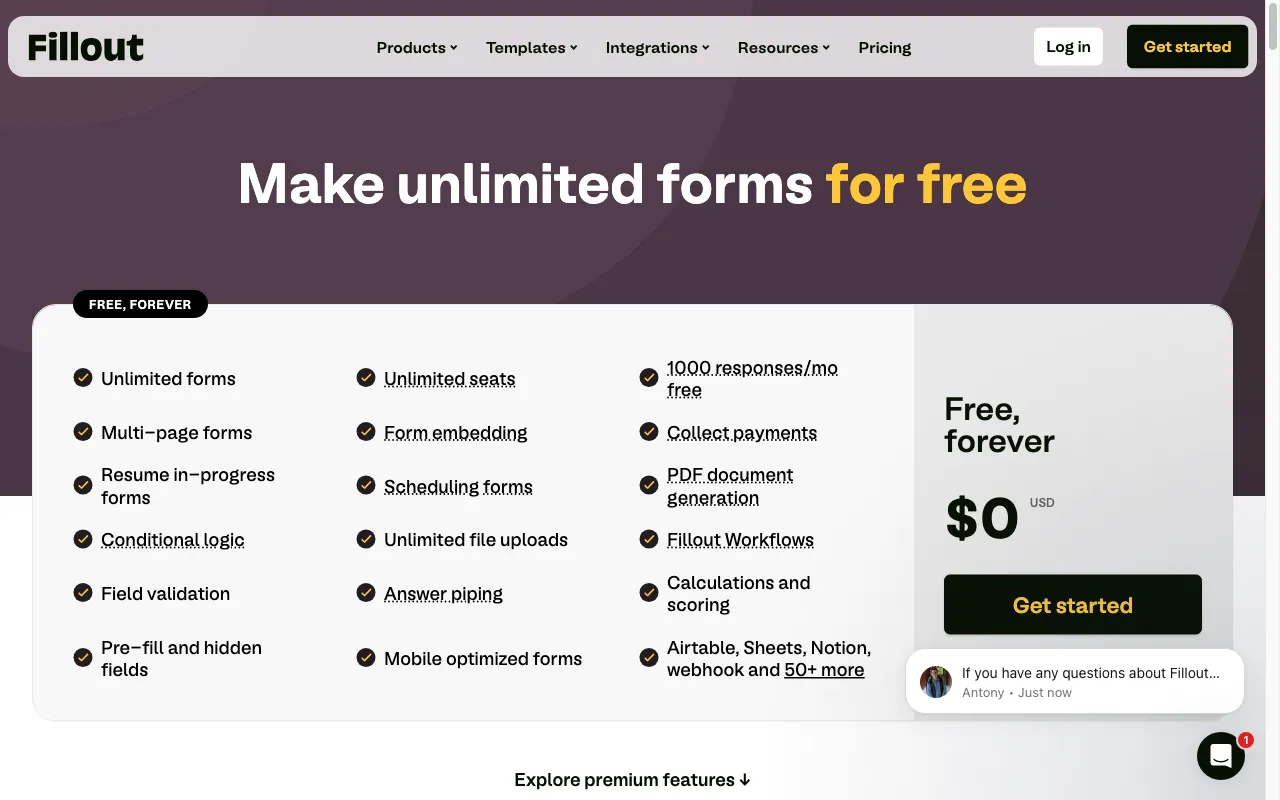 Fillout.com — pricing page