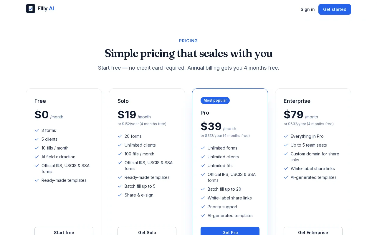 Filly AI — pricing page