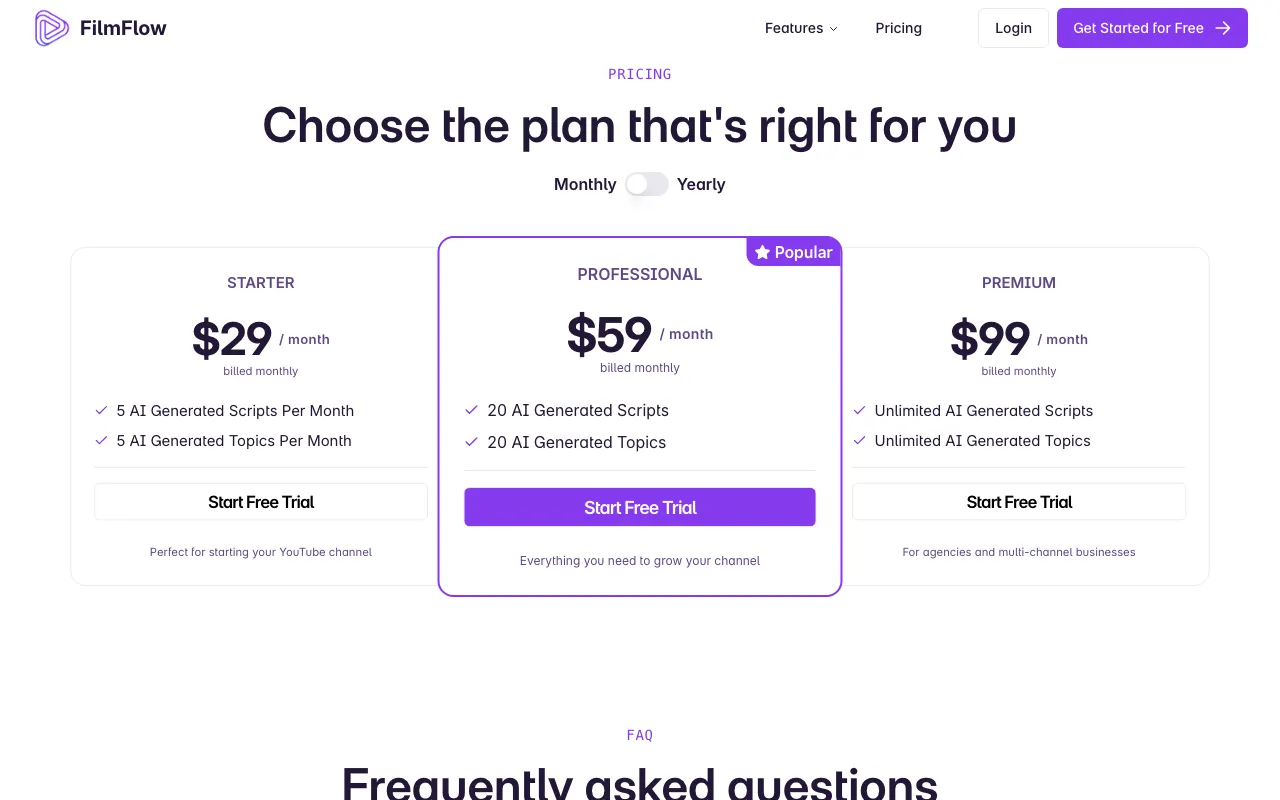 FilmFlow — pricing page