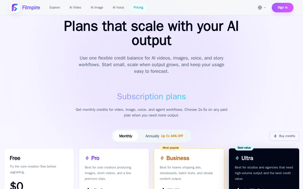 Filmpire — pricing page