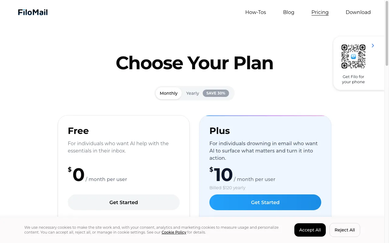 Filo Mail — pricing page