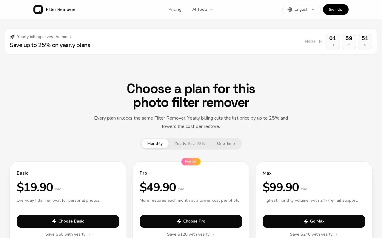 Filter Remover — pricing page
