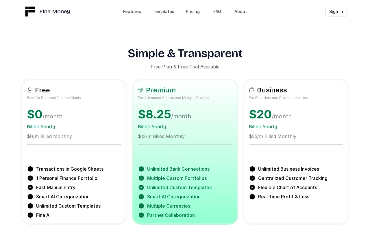 Fina — pricing page