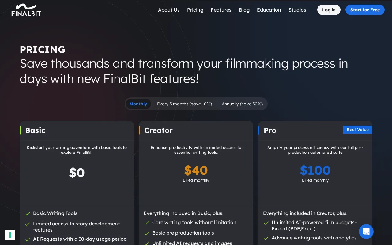 FinalBit — pricing page
