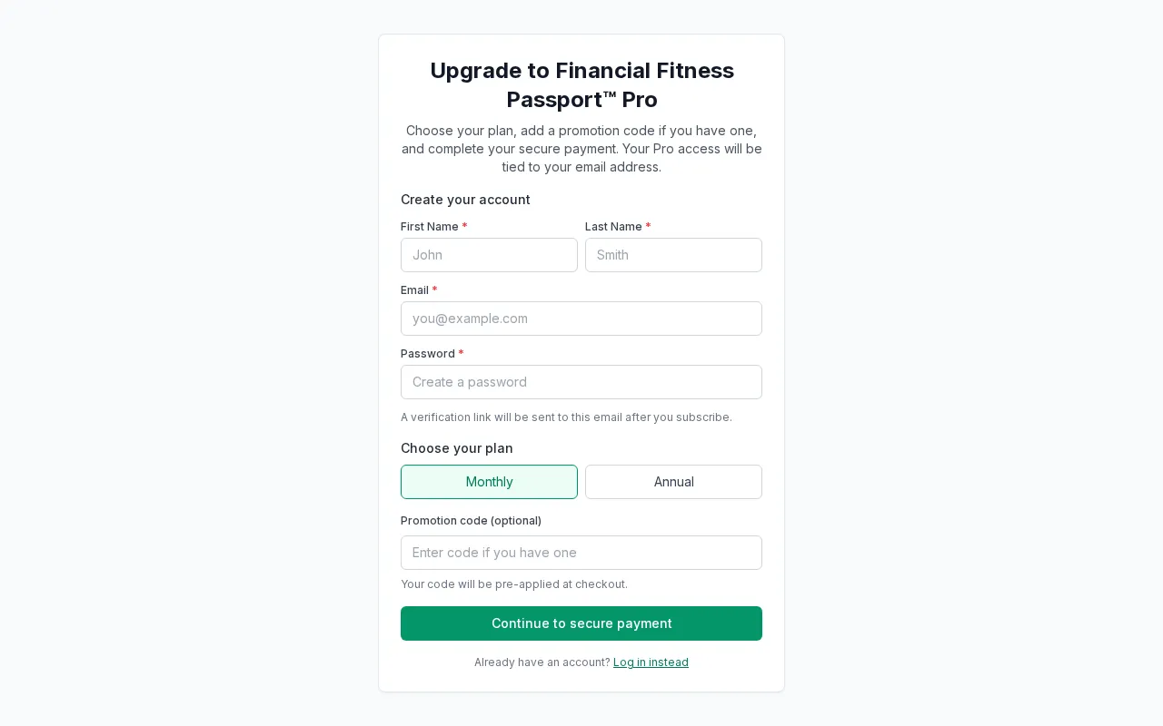 Financial Fitness Passport — pricing page