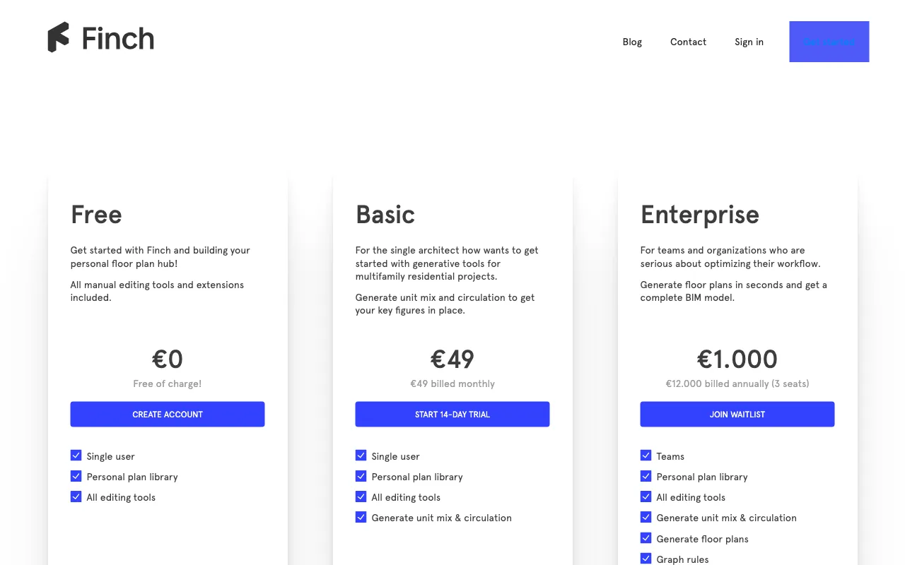 Finch 3D — pricing page