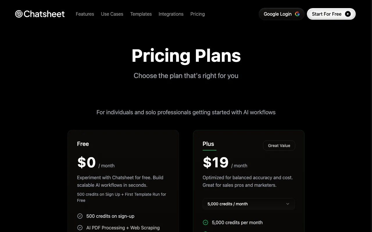 Chatsheet — pricing page