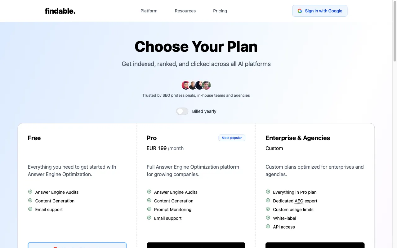 findable. — pricing page