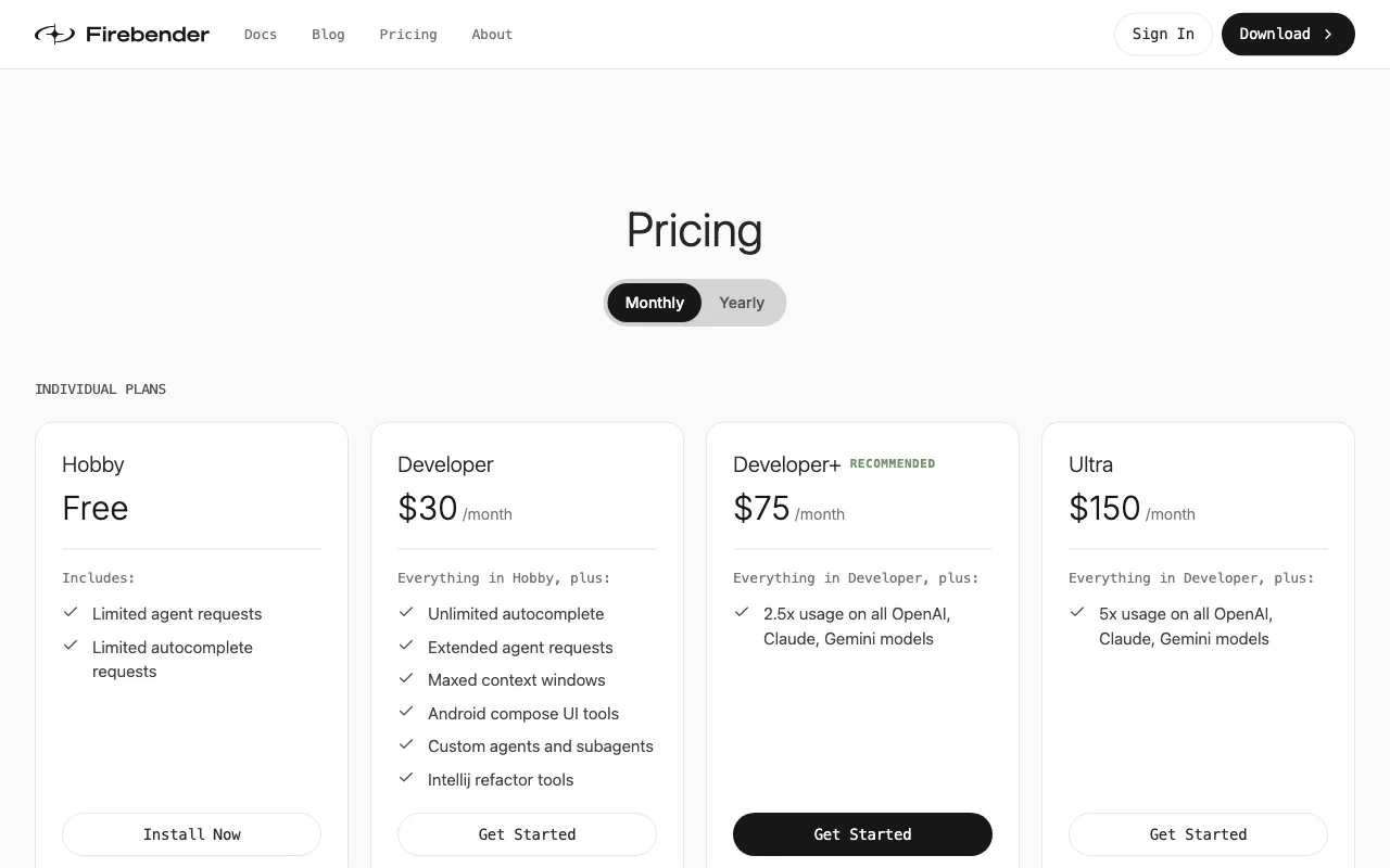 Firebender — pricing page