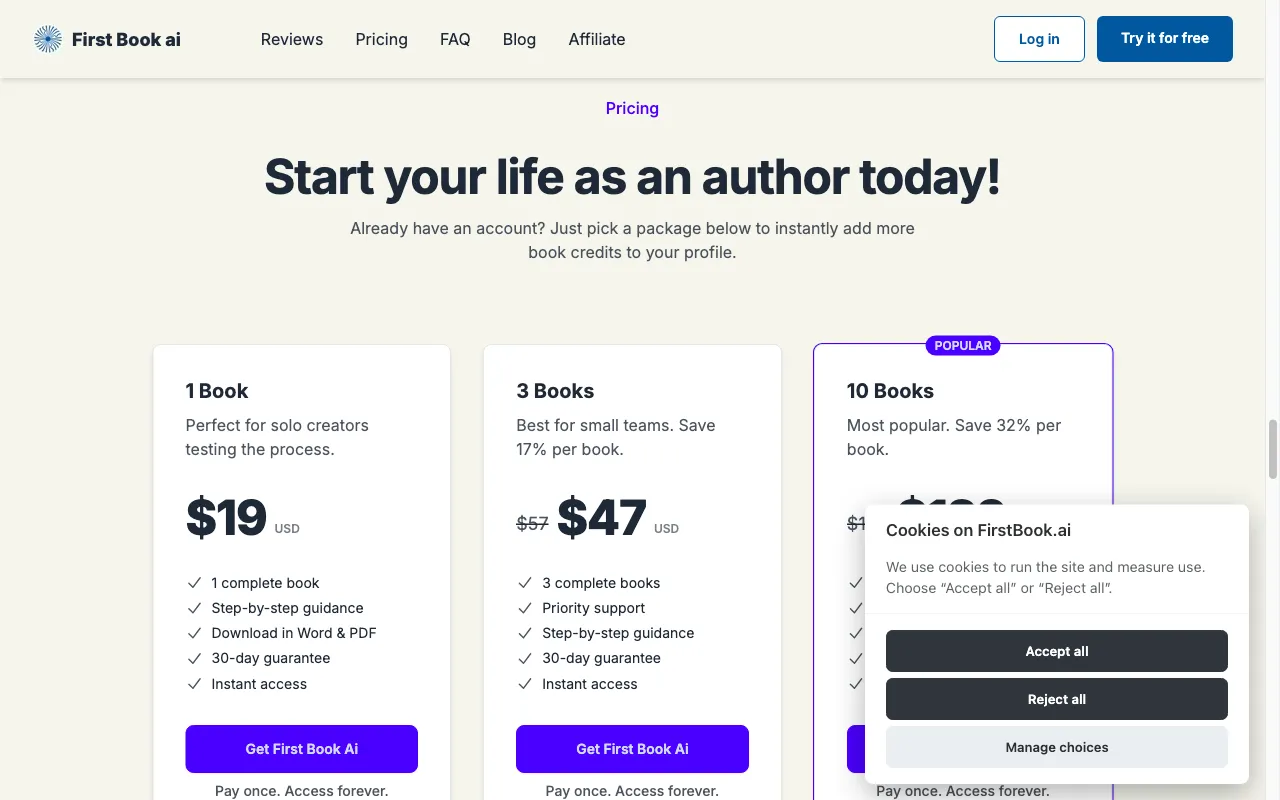 First Book ai — pricing page