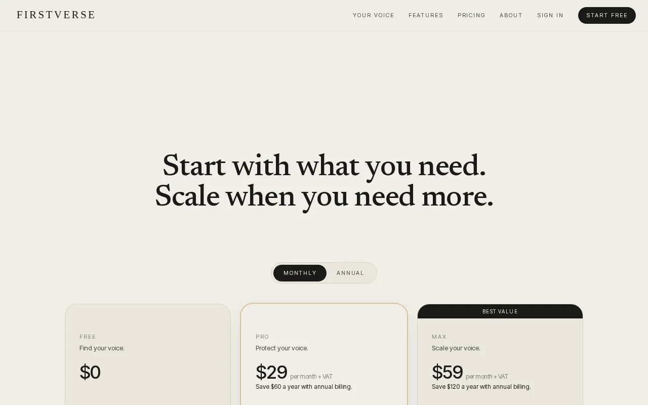 FIRSTVERSE — pricing page