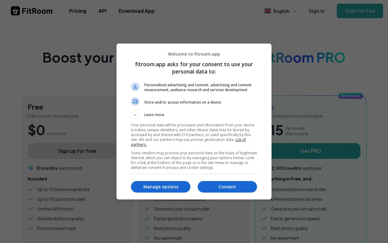 Fitroom — pricing page