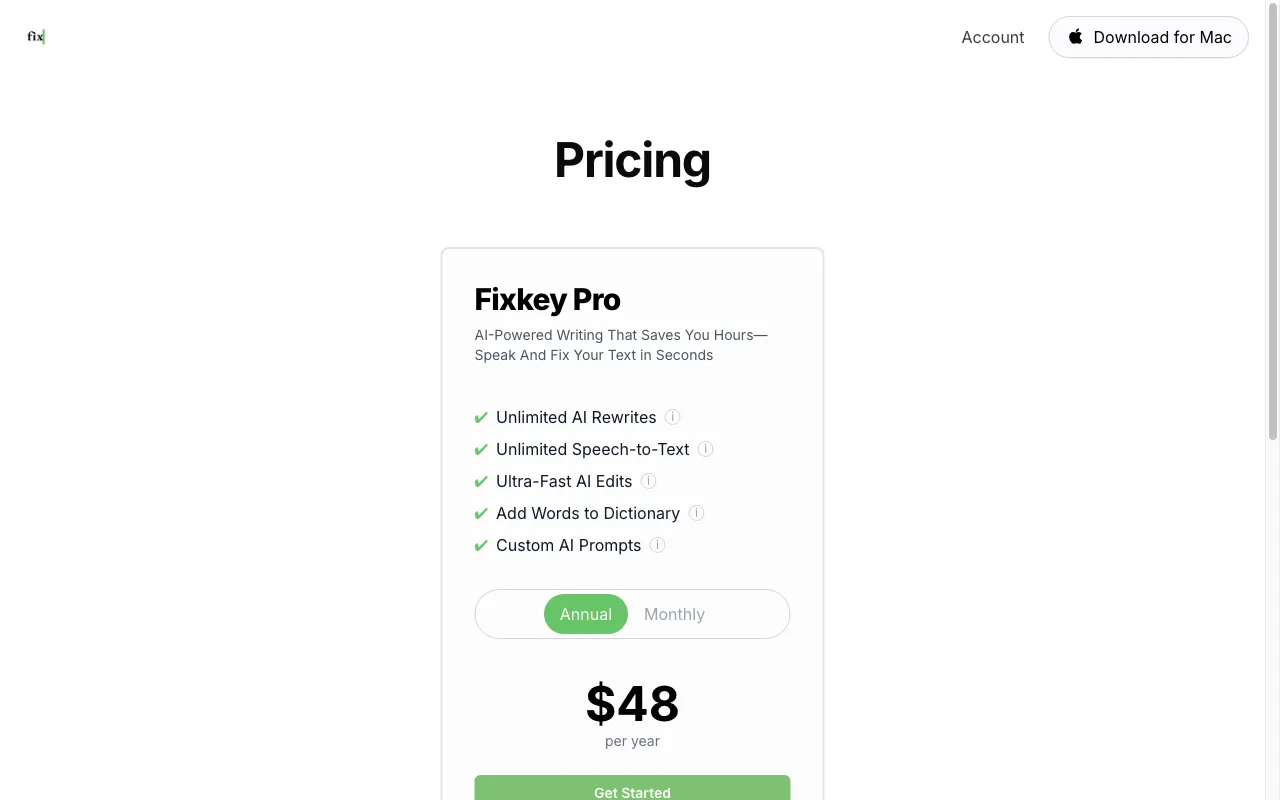 Fixkey — pricing page