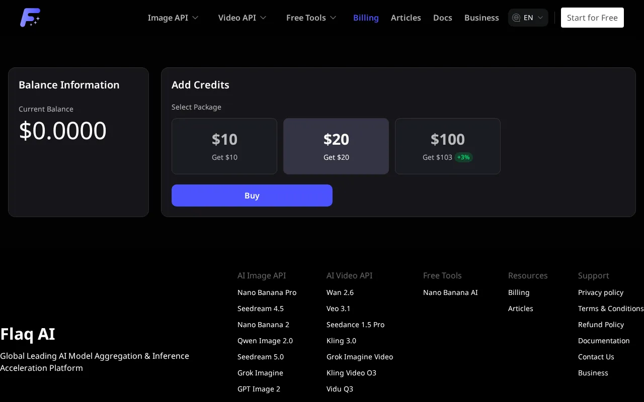 Flaq AI API Platform — pricing page