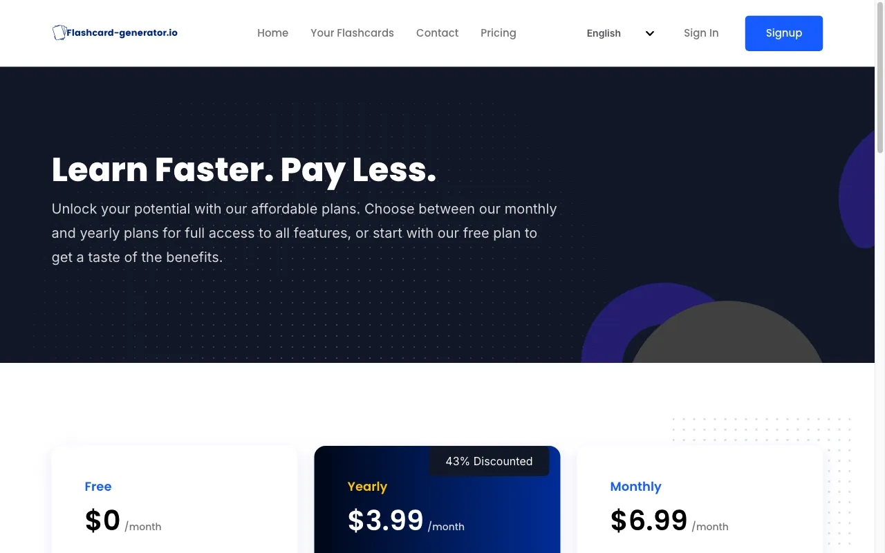 Flashcard generator — pricing page