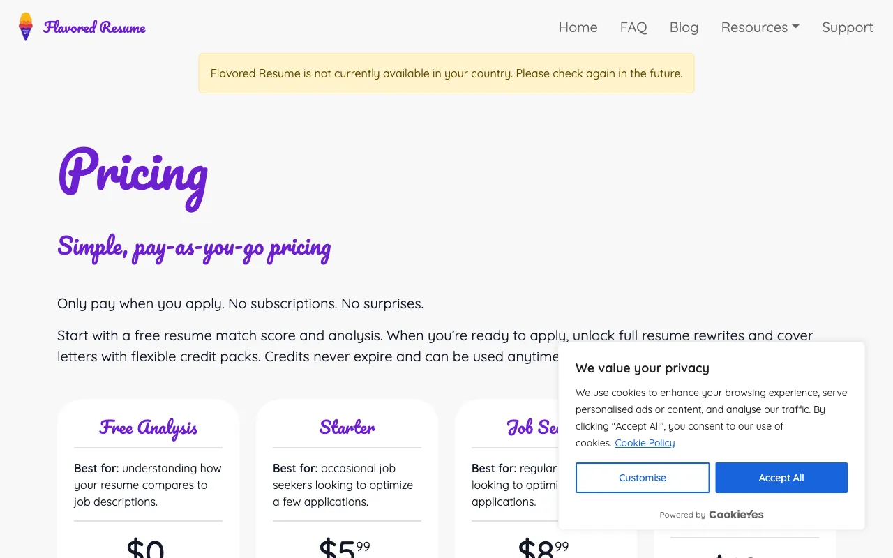 Flavored Resume — pricing page
