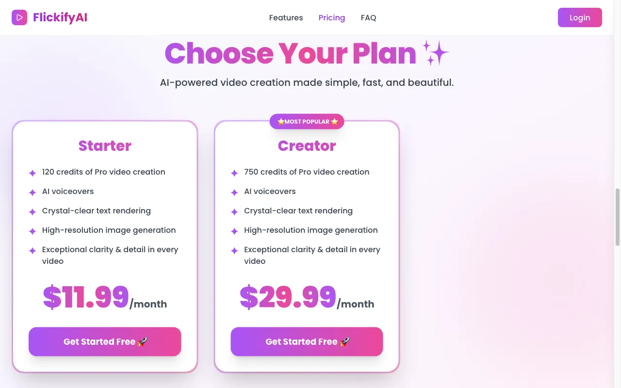 FlickifyAI — pricing page
