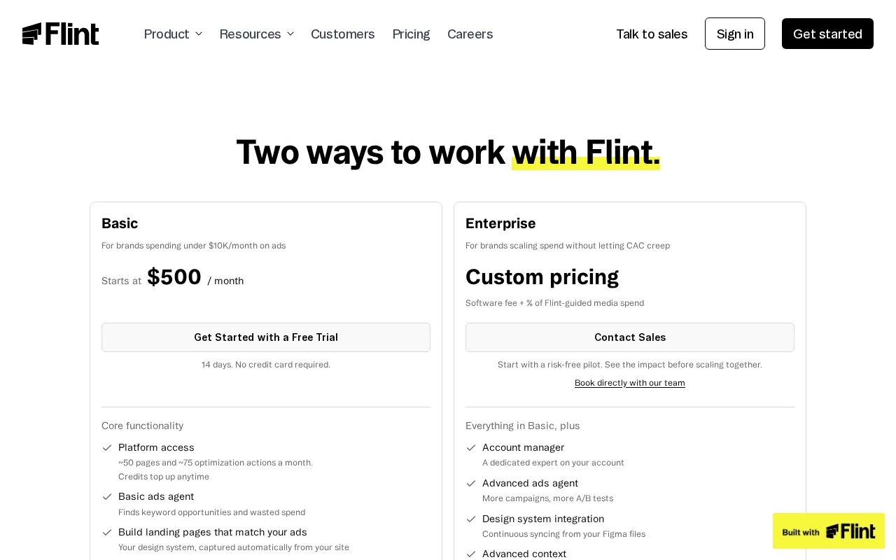 Flint.com — pricing page