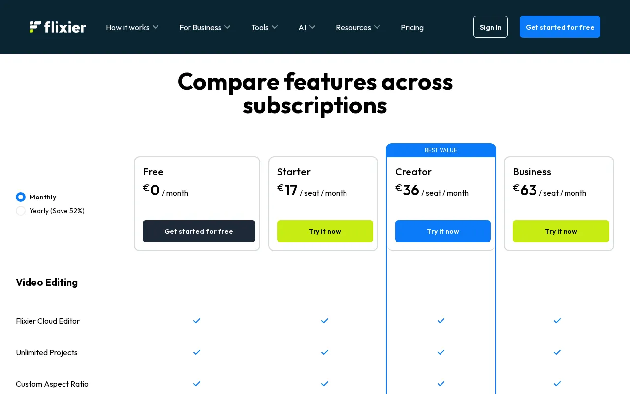 Flixier — pricing page