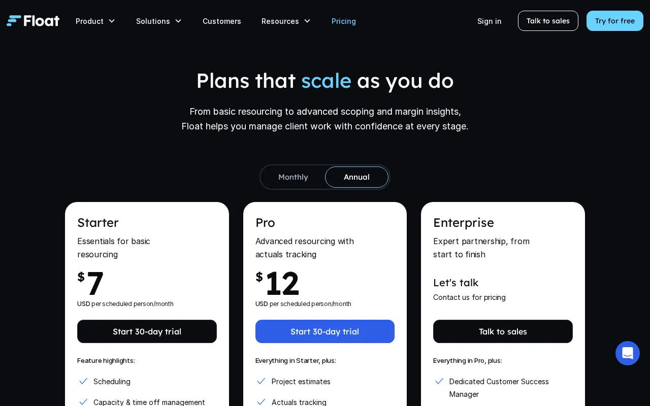 Float — pricing page
