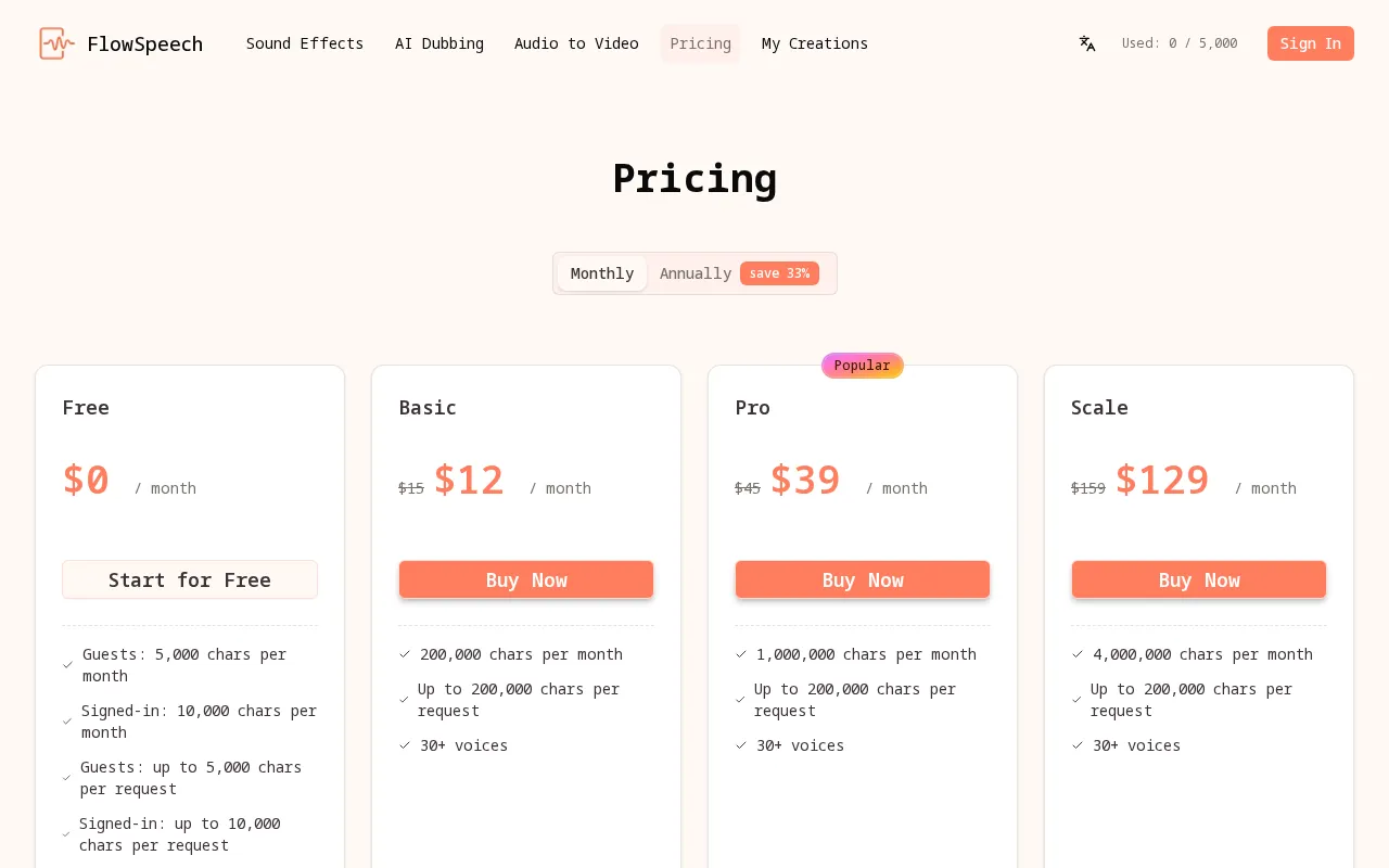 FlowSpeech — pricing page