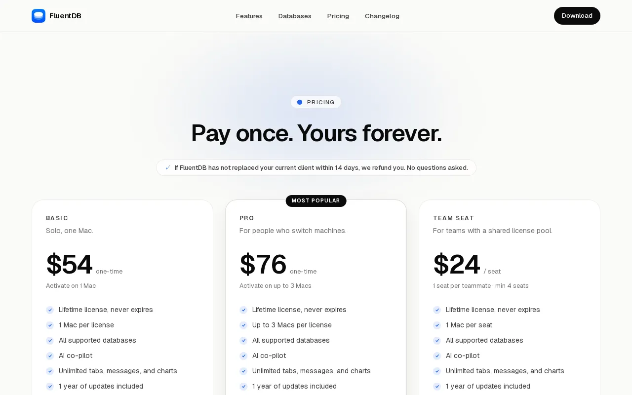 FluentDB — pricing page