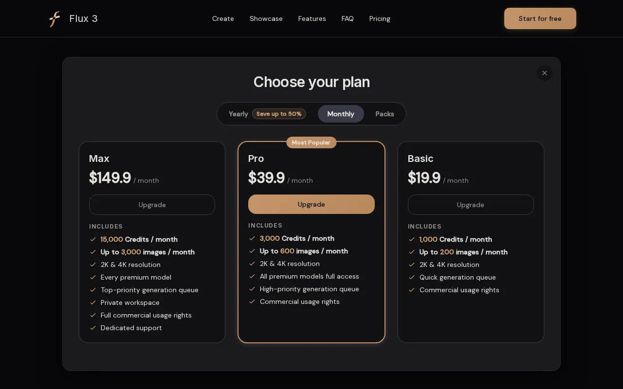 Flux 3 AI — pricing page
