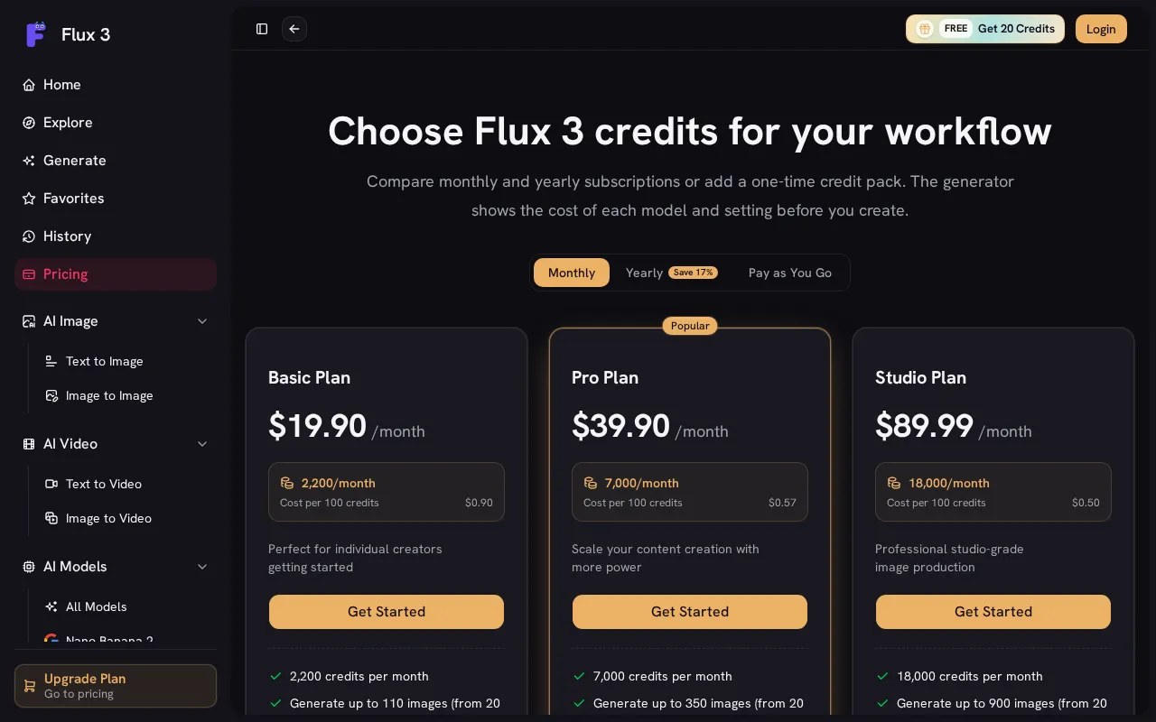 Flux 3 AI — pricing page
