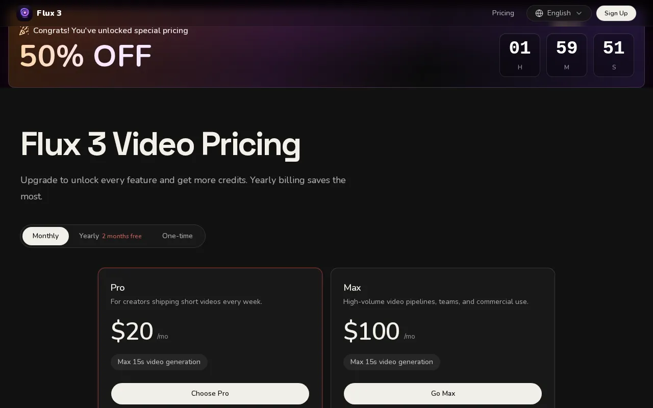 Flux 3 Video Generator — pricing page