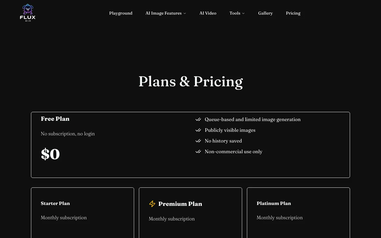 Flux AI Lab — pricing page