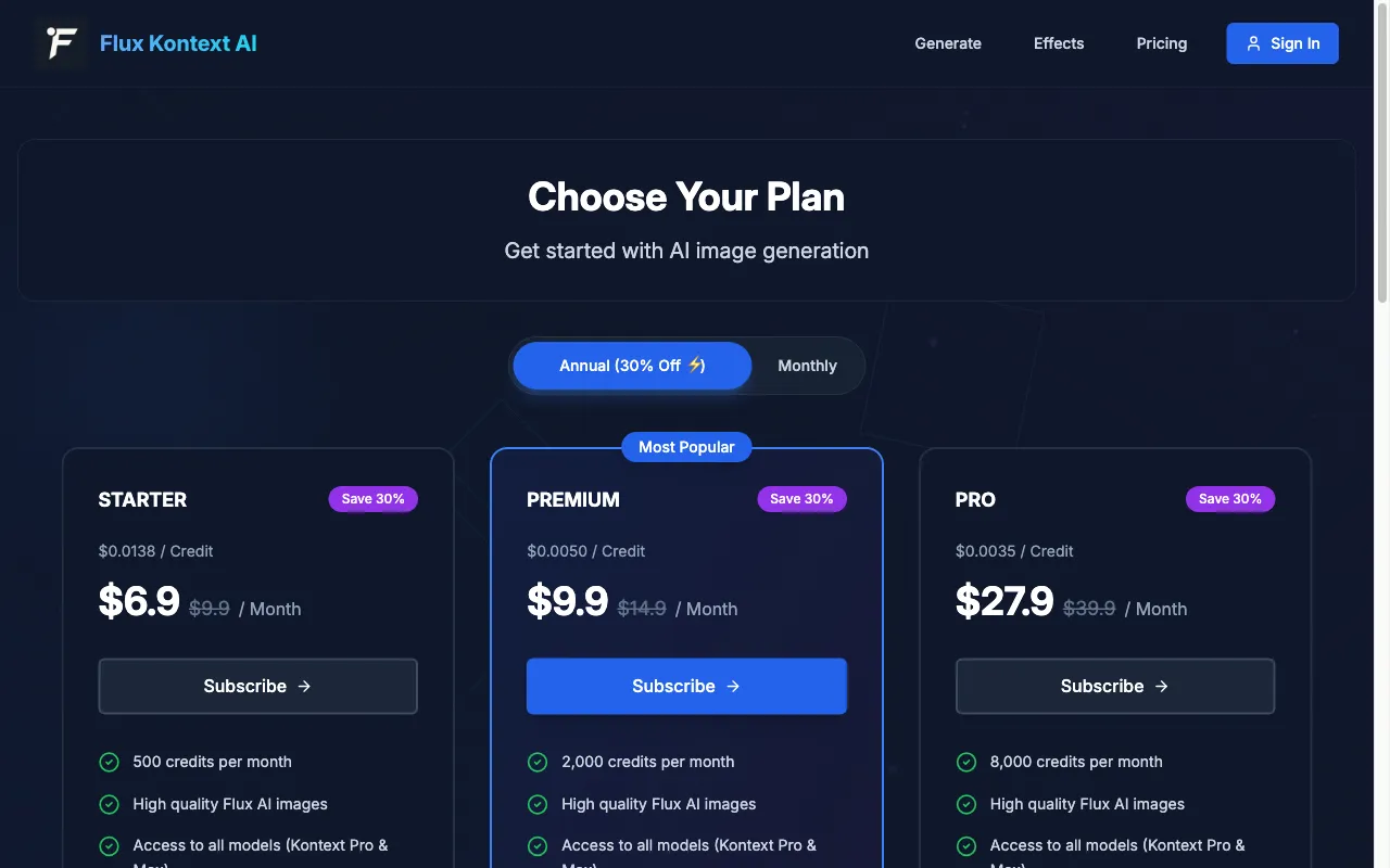 Flux Kontext AI — pricing page