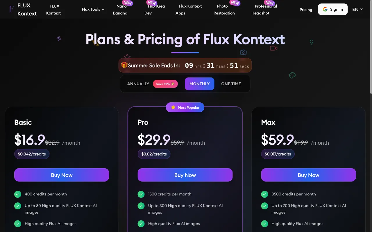 Flux Kontext — pricing page