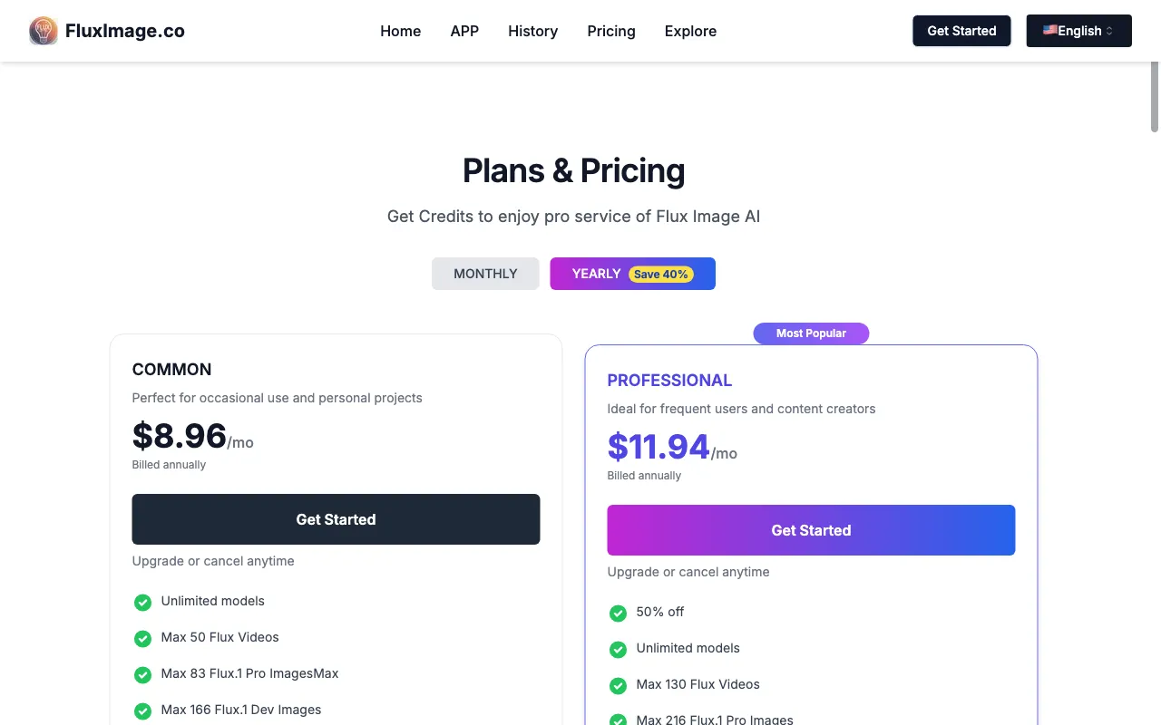 FluxImage.co — pricing page