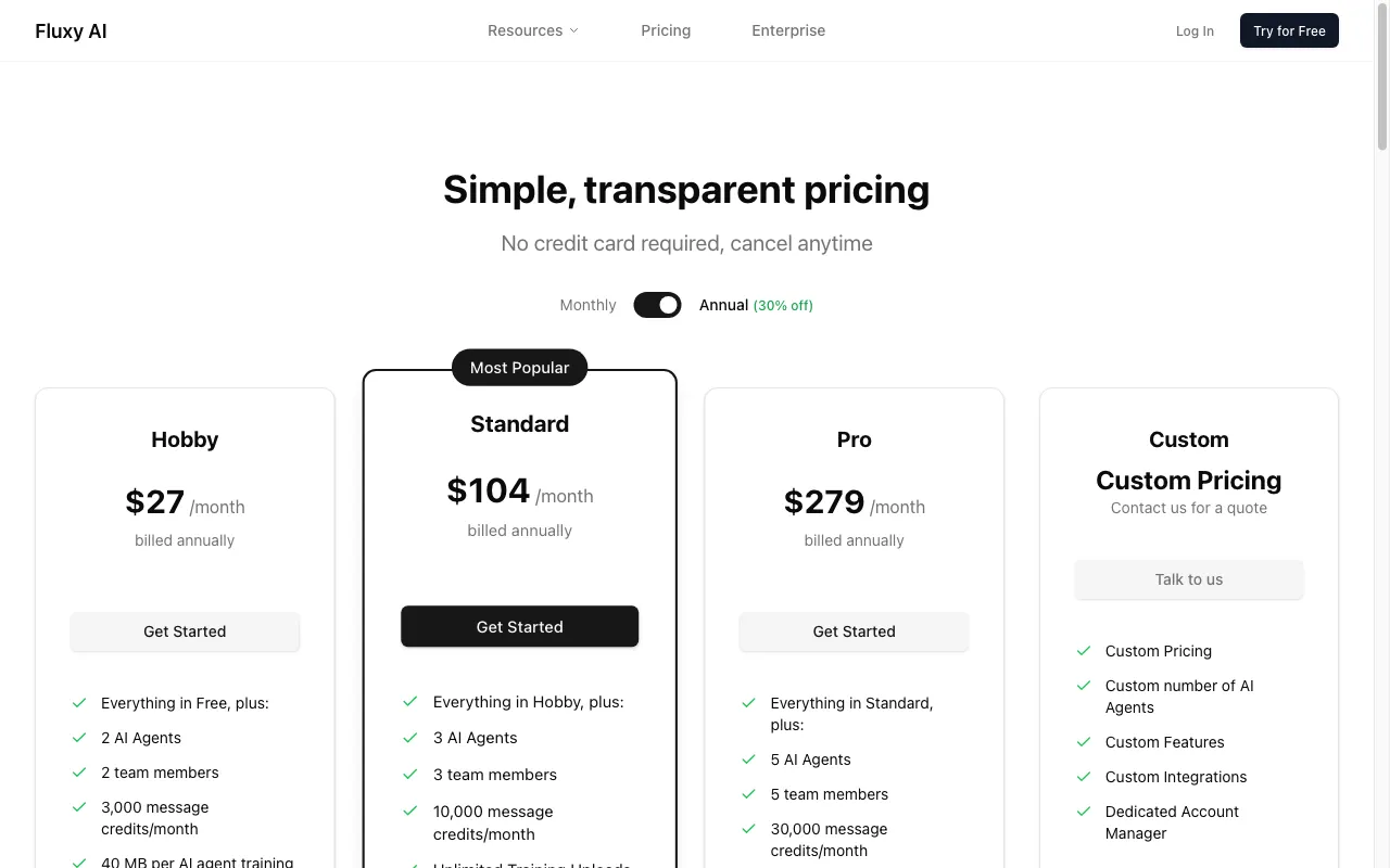 Fluxy AI — pricing page