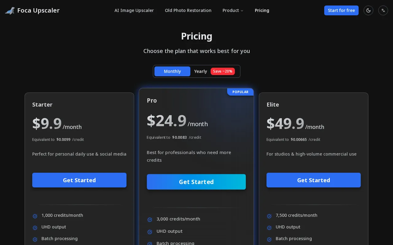 Foca Upscaler — pricing page