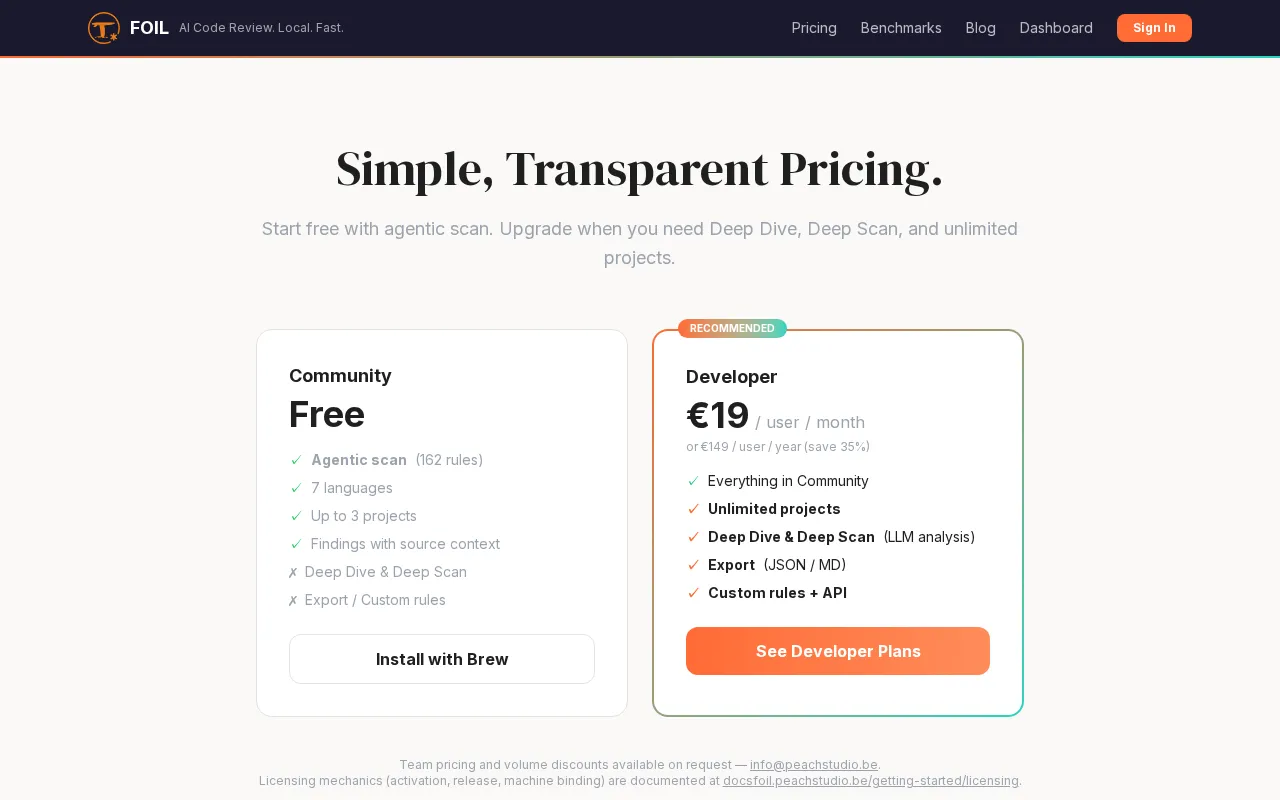 Foil AI Code Security — pricing page