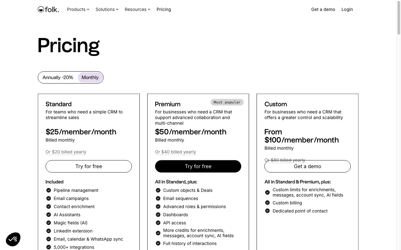 folk 2.0 — pricing page