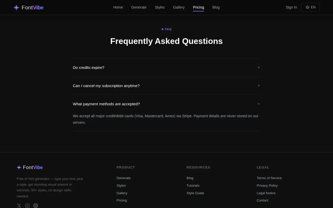 FontVibe — pricing page