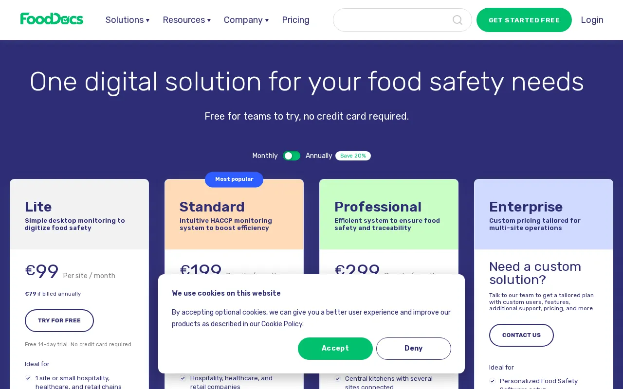 FoodDocs — pricing page