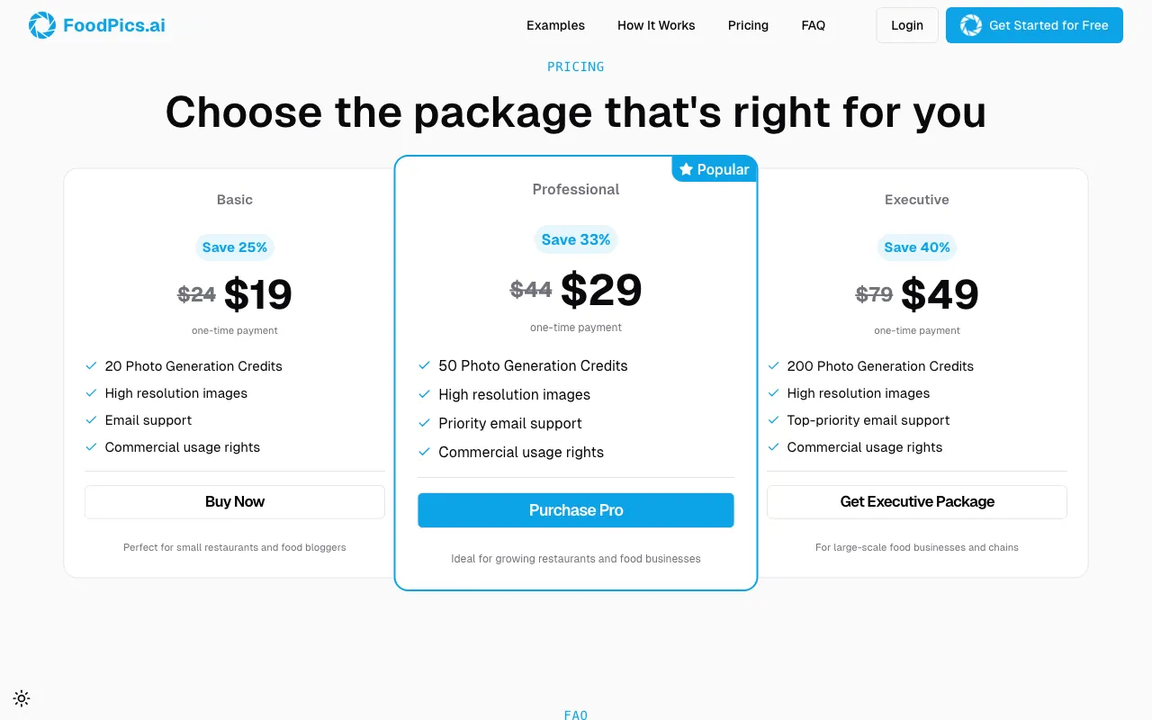 FoodPics.ai — pricing page