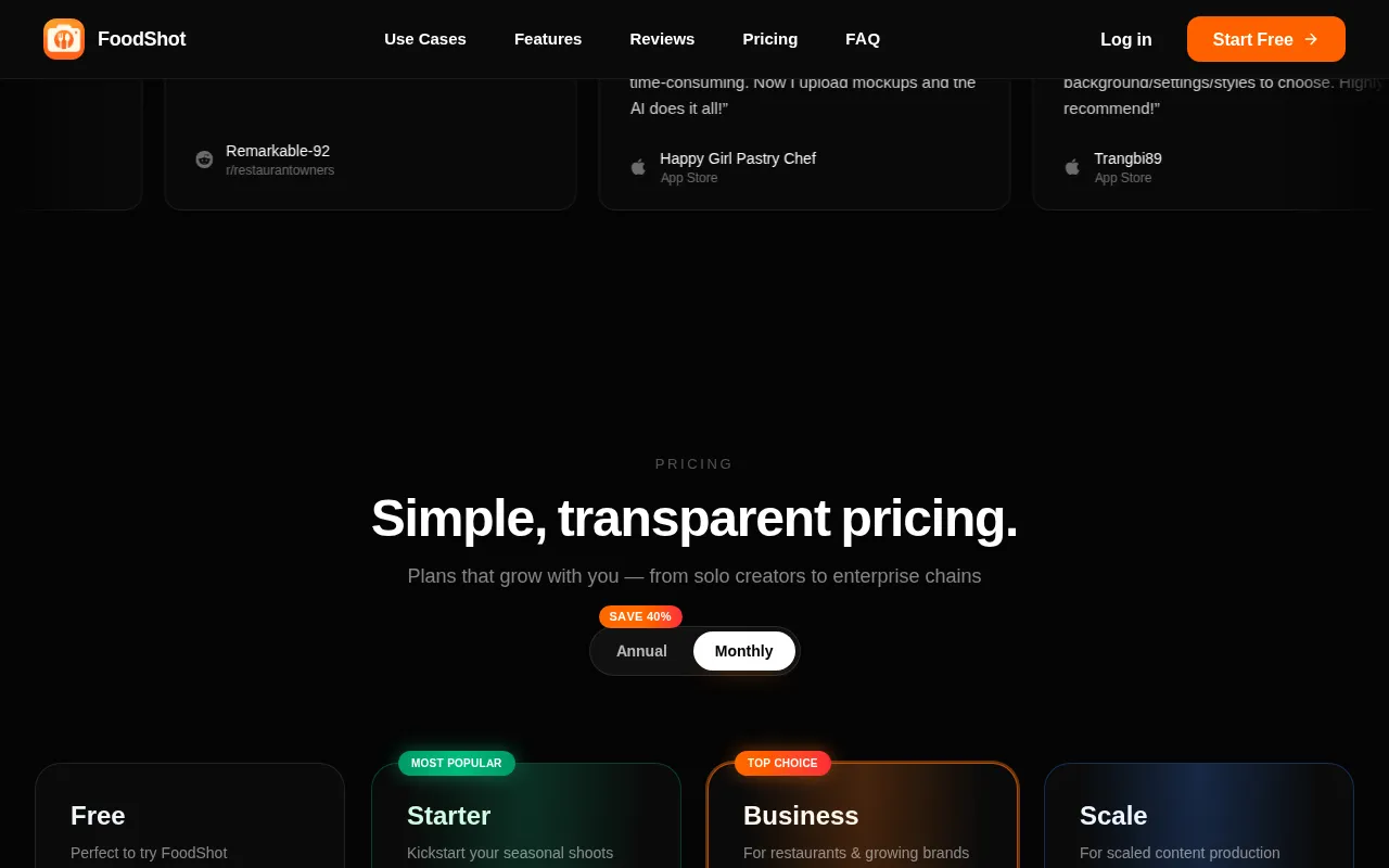 FoodShot AI — pricing page