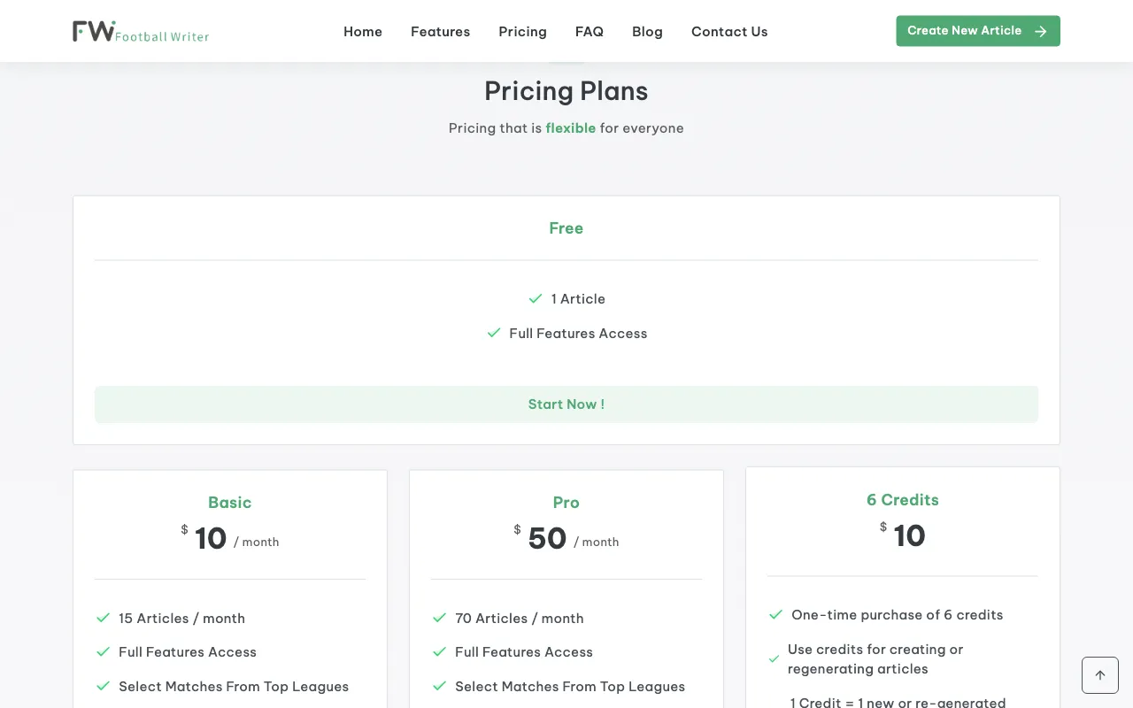 Football Writer — pricing page