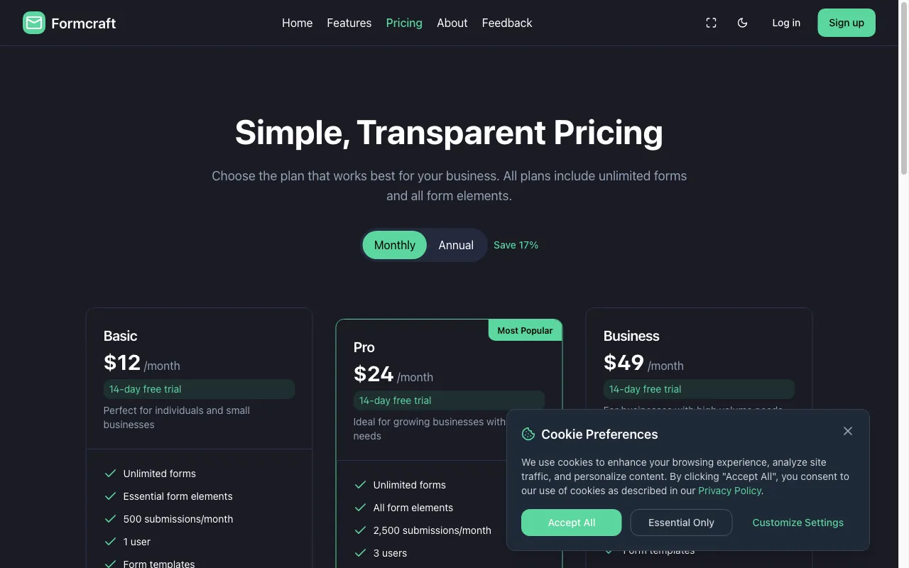 Formcraft — pricing page