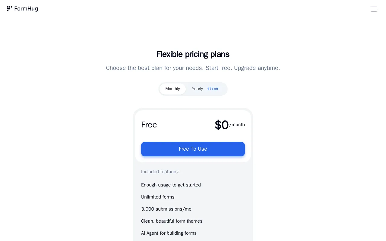 FormHug — pricing page