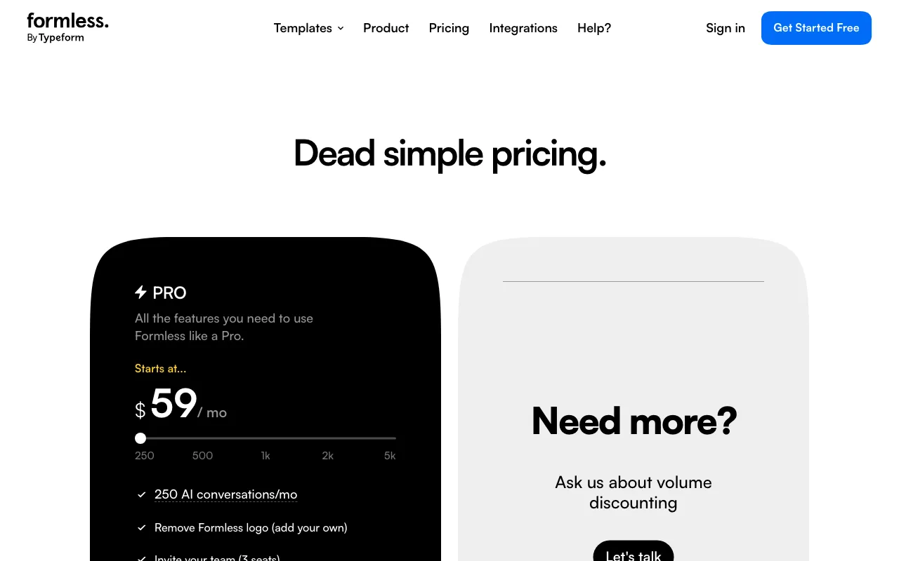 Formless (by Typeform) — pricing page