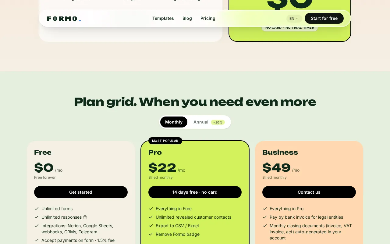 Formo. Forms built by AI. — pricing page